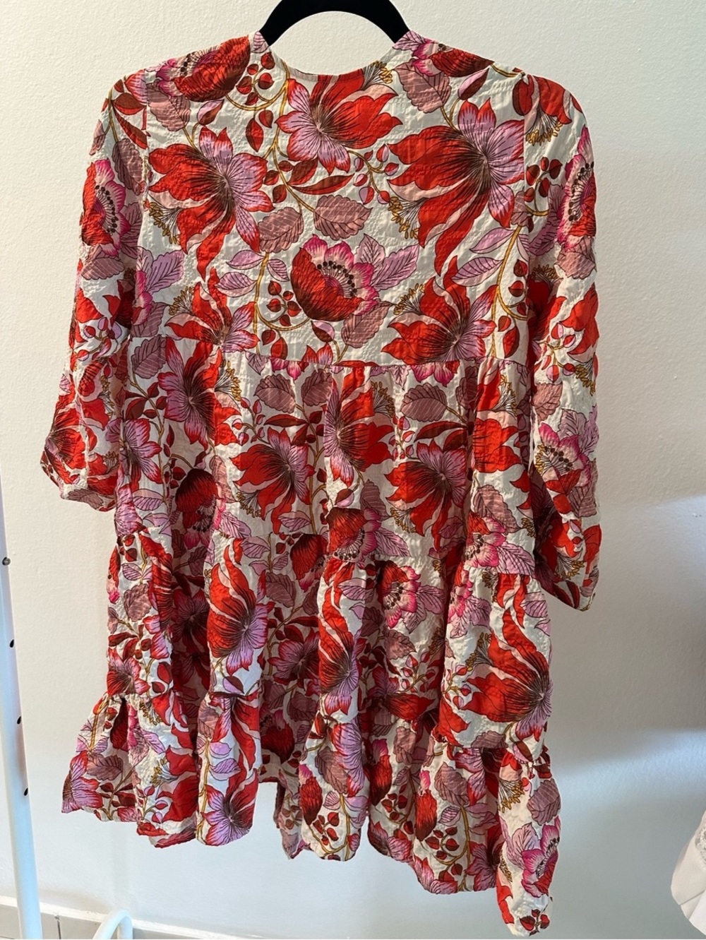 Zara Sharon Floral Print Tiered Mini Dress Red & Pink